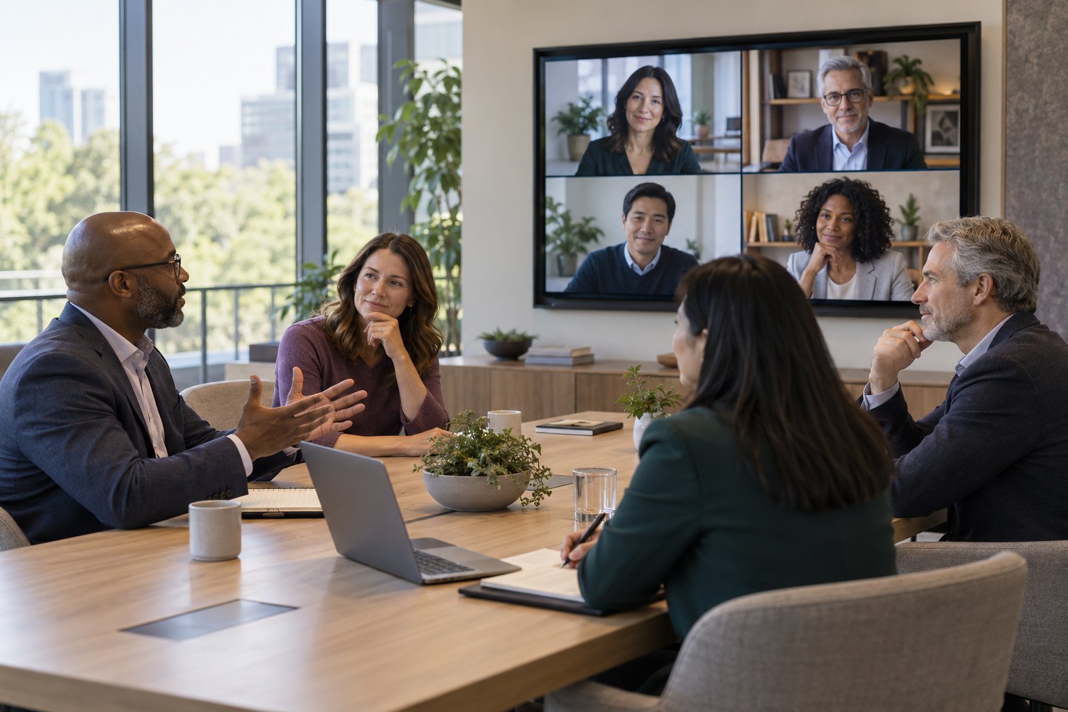 A leader speaking to four colleagues seated around a conference table while four more join by video on a wall screen