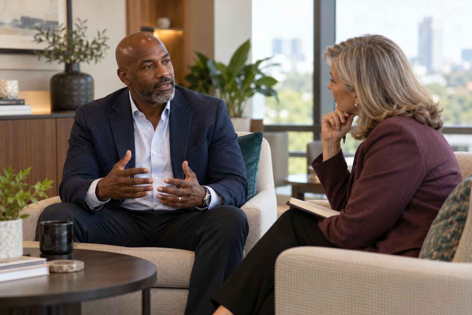 An executive speaking with a coach who listens with a notebook during a one-on-one conversation