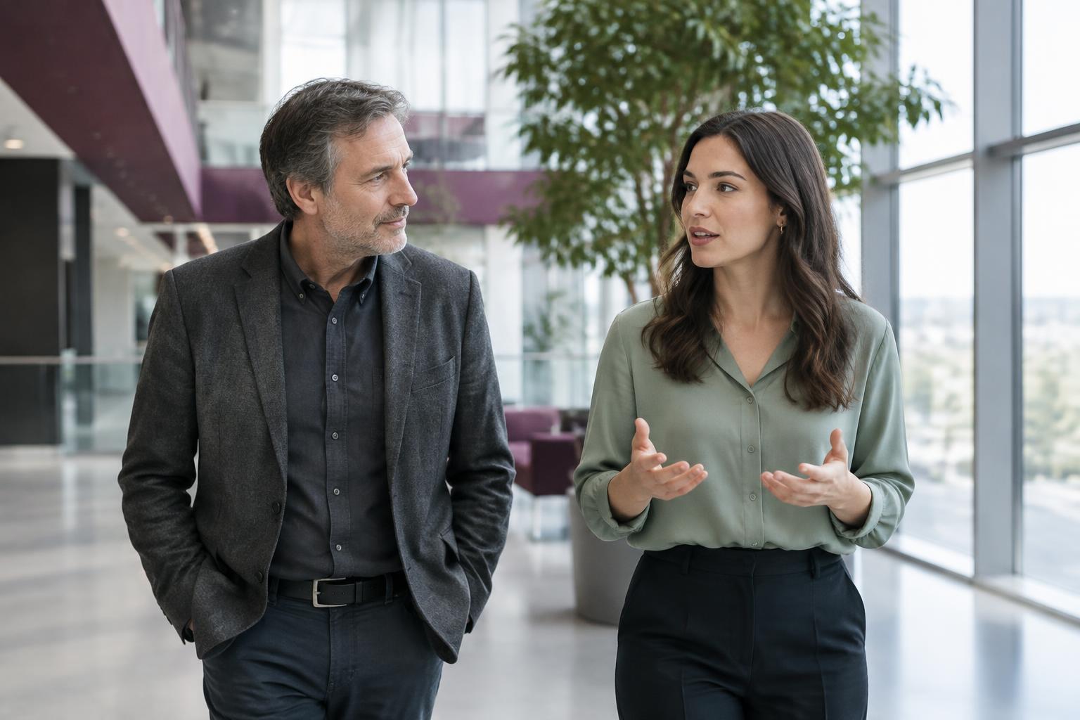 Illustrative coaching conversation between two colleagues walking through a bright office atrium