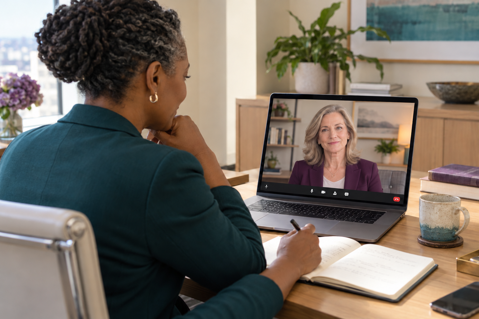 A leader taking notes during a one-on-one video coaching session